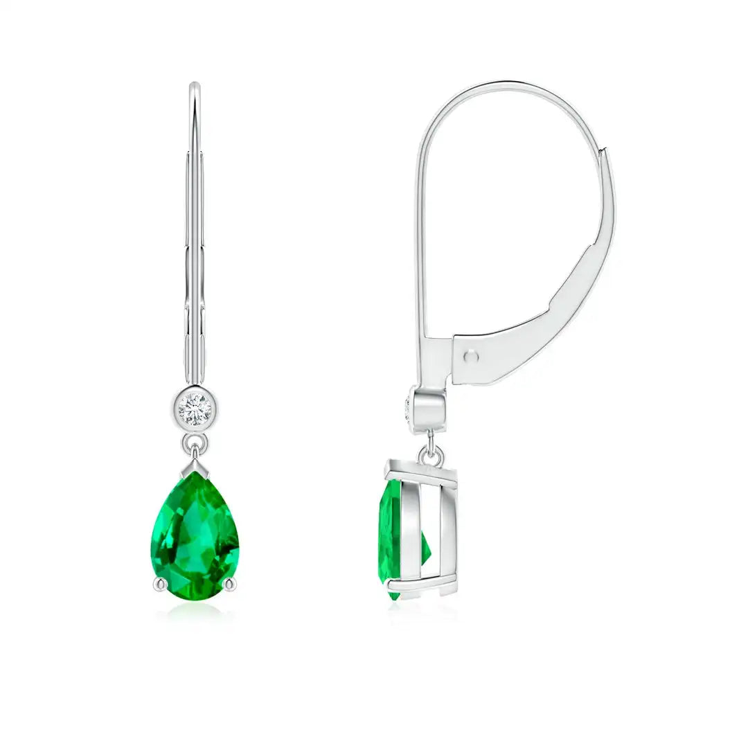 14kt White Gold Pear Cut Emerald Dangle Earrings with Diamond Accent Leverback Design Fine Bridal Jewelry