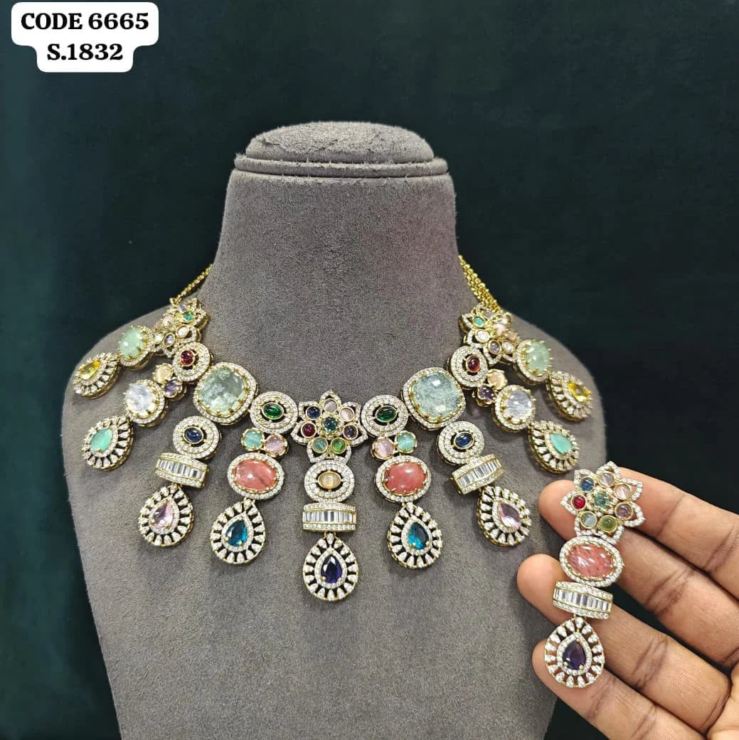 Luxury Multi Gemstone Statement Choker Necklace Set Elegant Vintage Pear Cut Gold Plated Bridal Wedding Jewelry Set For Women