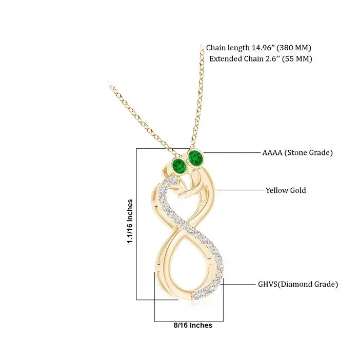 14k Pure Gold Mom & Me Natural Emerald & Diamond Studded Two Stone Infinity Pendant High Quality Designer Fine Jewelry Wholesale