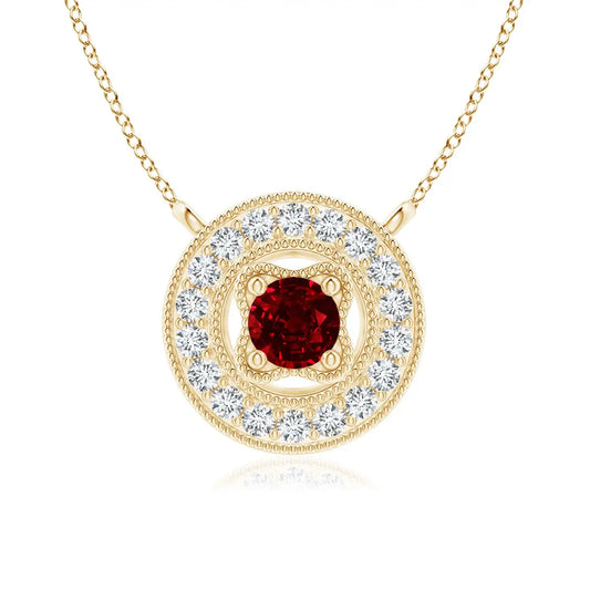 14k Pure Vintage Style Natural 2.5mm Round Cut 0.06Ctw Red Ruby Halo Pendant With 0.06CT Real Diamond Milgrain Detailing Pendant