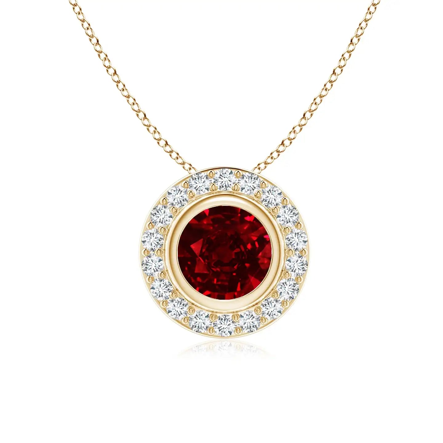 14k 18k Gold Round Cut Bezel-set 0.24ctw Red Ruby Pendant With 0.09ctw Diamond Halo High Quality Handmade Fine Jewelry Pendant