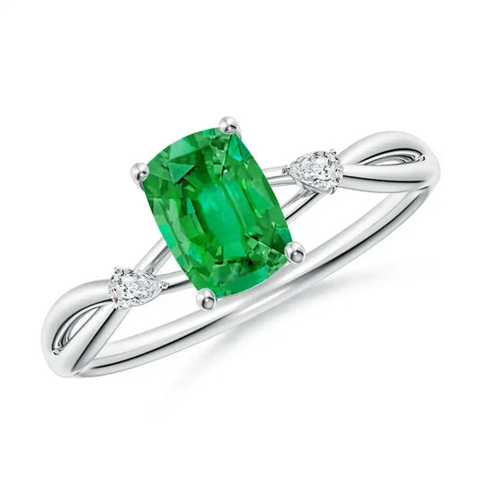 Nature Inspired Cushion Rectangular Emerald Side Stone Engagement Ring Handmade Customized Fine Jewelry Wedding 14K Solid Gold