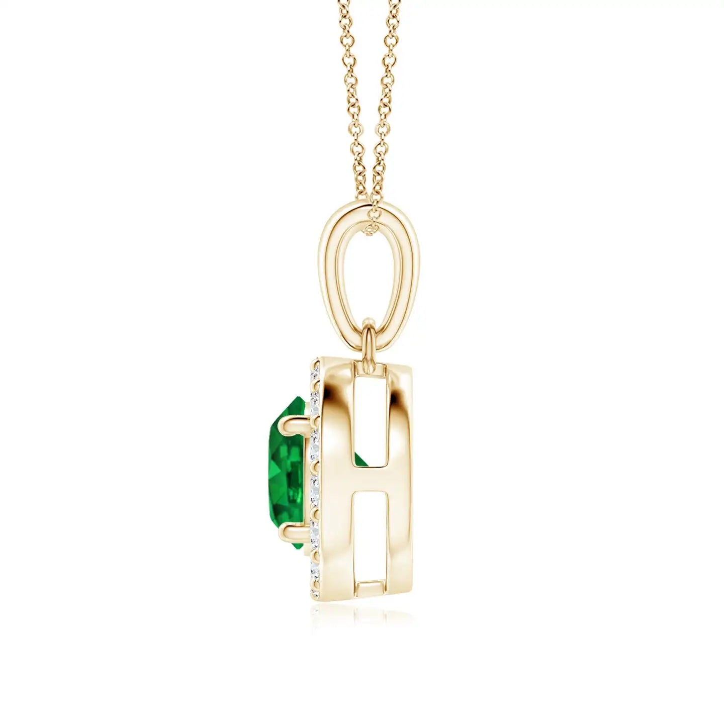 14K Gold Natural 6MM 0.75Ctw Round Cut Emerald Gemstone With Pave Sett Accented 0.21Ctw Diamond Halo Pendant Link Chain Necklace