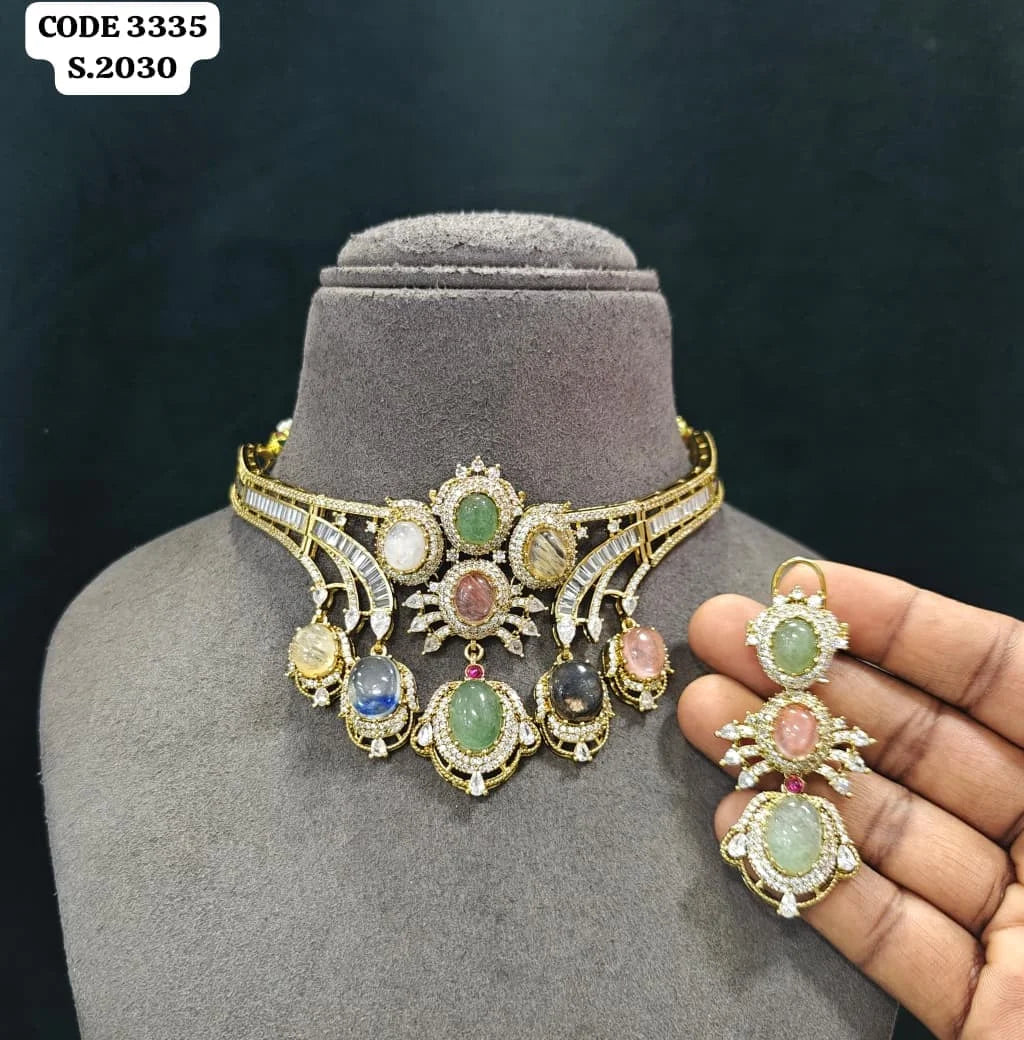 Luxury Multi Stone Bridal Choker Necklace Set for Women Wedding Party Designer Ethnic Jewelry Gift Collection Premium Set