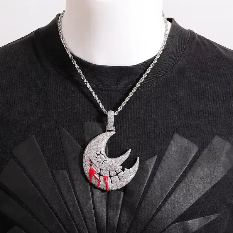 BiG-BOSS Iced Luxury Moissanite Freshwater Pearl Moon Face Pendant Silver Plated Hip Hop Style Dripping Design for Men Women Party