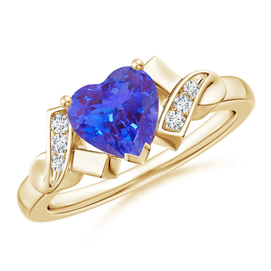 1.38 Cts Natural Heart Cut Prong Sett Tanzanite & Side Accent Diamond Solitaire Ring 14K Gold Luxury Engagement Ring For Women