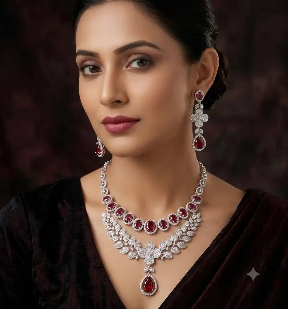Wholesale Indian Luxury Bridal Rhodium Plated Cubic Zirconia Necklace Set Premium Costume Jewelry Ruby Red Crystal Gemstone Sets