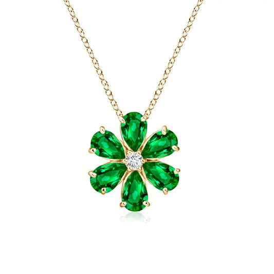 Stunning 14K Solid Gold Natural Emerald Flower Cluster Pendant With Diamond Luxury Bridal Fine Jewellery Anniversary