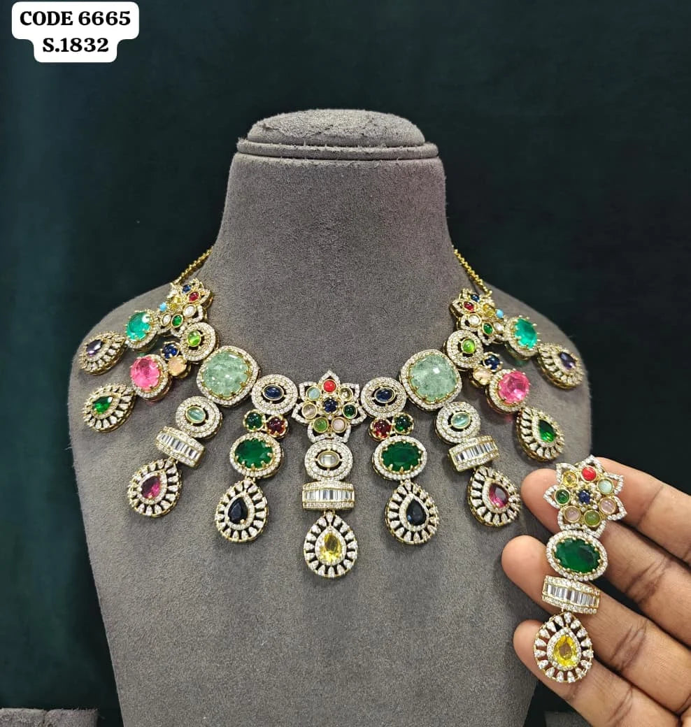 Luxury Multi Gemstone Statement Choker Necklace Set Elegant Vintage Pear Cut Gold Plated Bridal Wedding Jewelry Set For Women