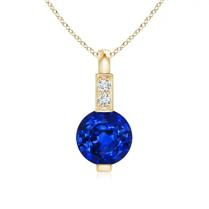 2026 New Arrival Minimalist Pendant For Her 14K 18K Gold 5mm Round Cut 0.45Ct Blue Sapphire Solitaire Pendant With Diamond Bale