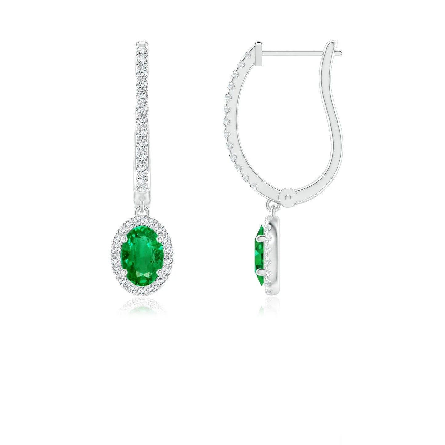 14KT Solid Gold Natural Emerald Diamond Drop Hoop Earrings, Oval Emerald Halo Fine Jewelry Luxury Bridal Earrings Gift for Her