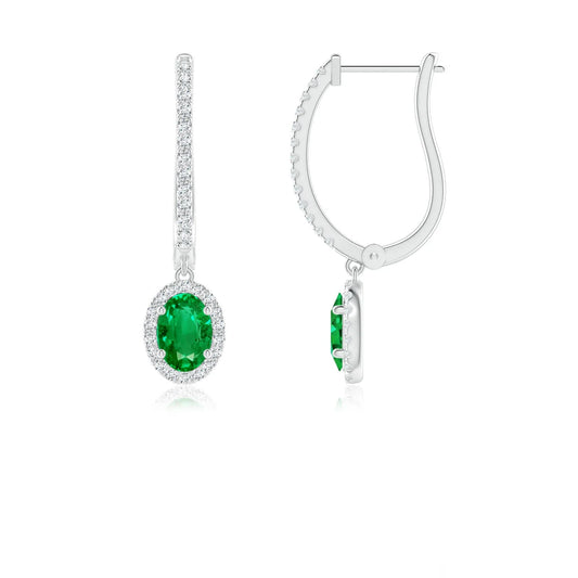 14KT Solid Gold Natural Emerald Diamond Drop Hoop Earrings, Oval Emerald Halo Fine Jewelry Luxury Bridal Earrings Gift for Her
