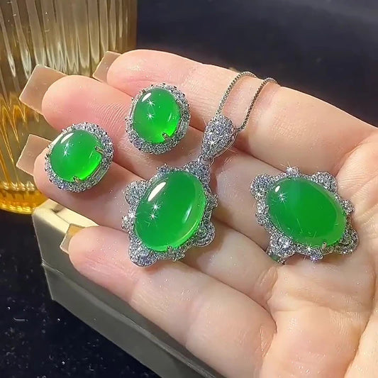 Gemfiori Vintage Ruby Stone Green Chalcedony Fashion Jewelry Platinum Plated Zircon Red Corundum Necklaces Earrings Ring Sets for Women