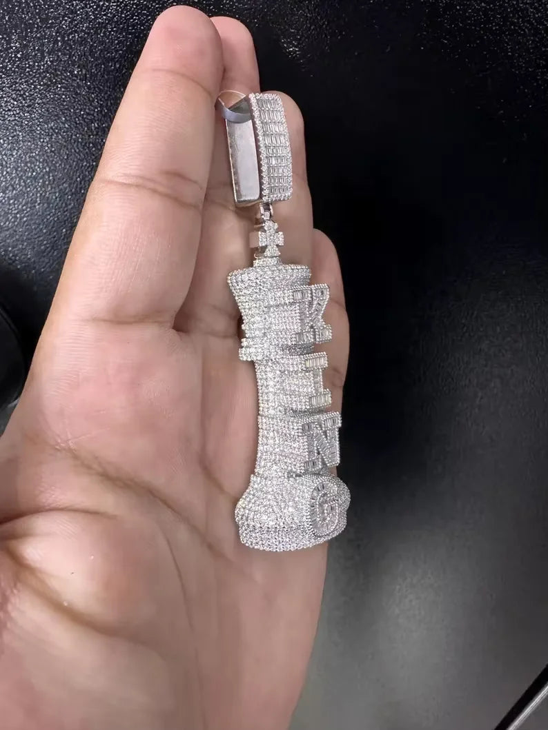 BiG-BOSS Iced Out King Chess Moissanite Freshwater Pearl Cushion Cut Luxury Sterling Silver Crown Design Hip Hop Pendant for Men