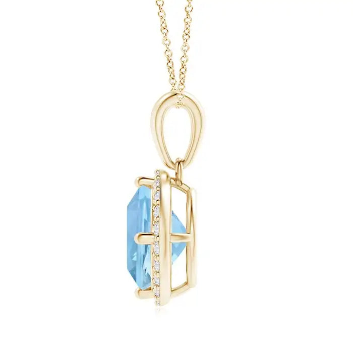 14K Solid Gold IGI Certified Sideways Cushion Cut Aquamarine And Pave Sett Accented Diamond Halo Pendant Fine Jewelry For Sale