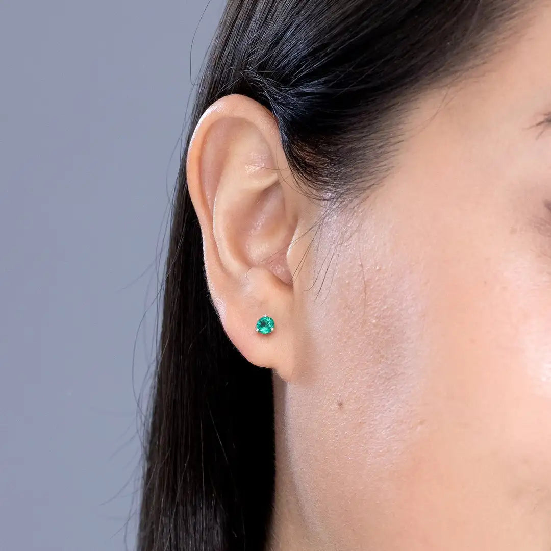 Natural Emerald Stud Earrings in 14kt White Gold, Dainty May Birthstone Solitaire Jewelry Minimalist Gemstone Earrings