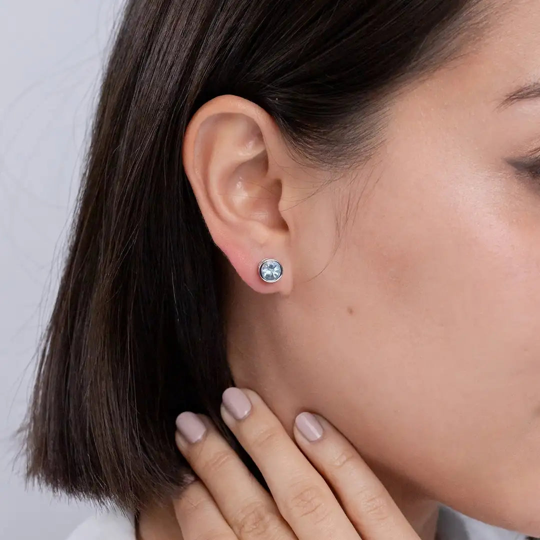 14kt Rose Gold Solitaire Aquamarine Stud Earrings Bezel Set Round Cut Minimalist Fine Jewelry Earrings for Women