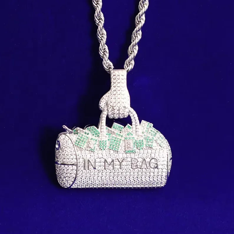 BiG-BOSS Iced Out Money Bag Pendant In My Bag Design Fully Moissanite Encrusted Silver Finish Hip Hop Style Jewellery for Men