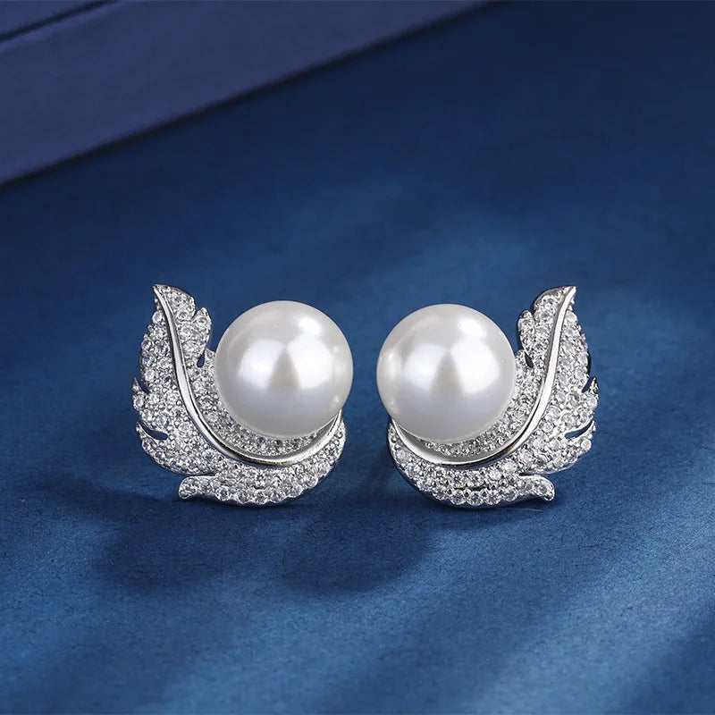 XOTICA High Quality Imitation White Pearl Jewelry Set Feather Design CZ Pendant Necklace Ring Stud Earring Elegant Tahitian Pearl Gifts