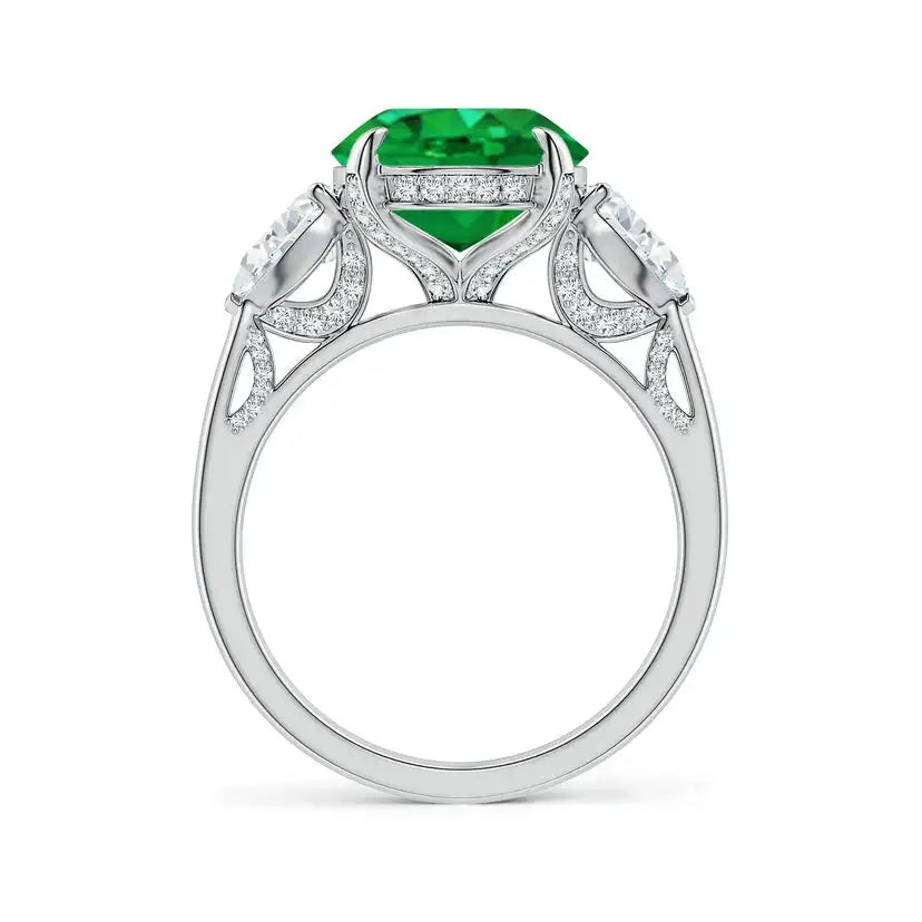 14K Solid Gold Oval Emerald and Sideways Pear Diamond Three-Stone Engagement Ring Handmade Customized Fine Jewelry Wedding