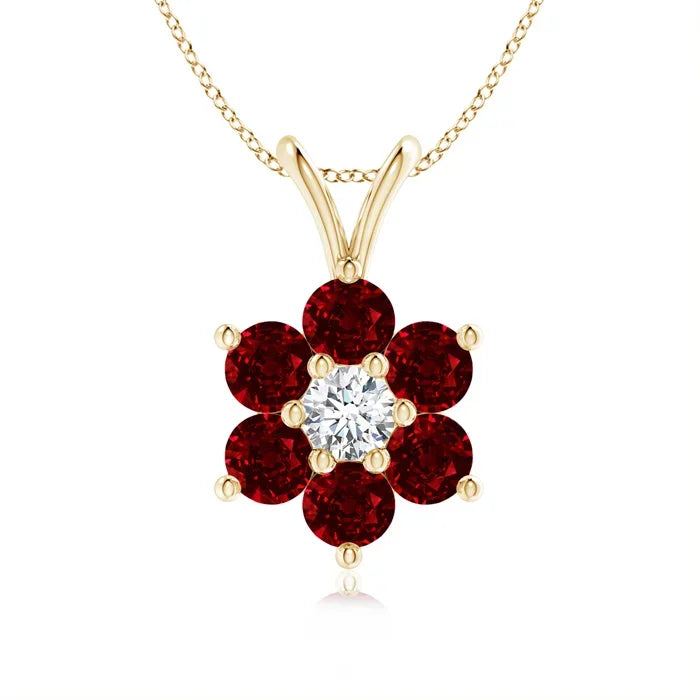 18K Pure Gold Classic 2.5MM 0.38Ct Round Cut Six Red Ruby Petal Shape Flower Design V Bale Pendant With 0.11Ct Natural Diamond