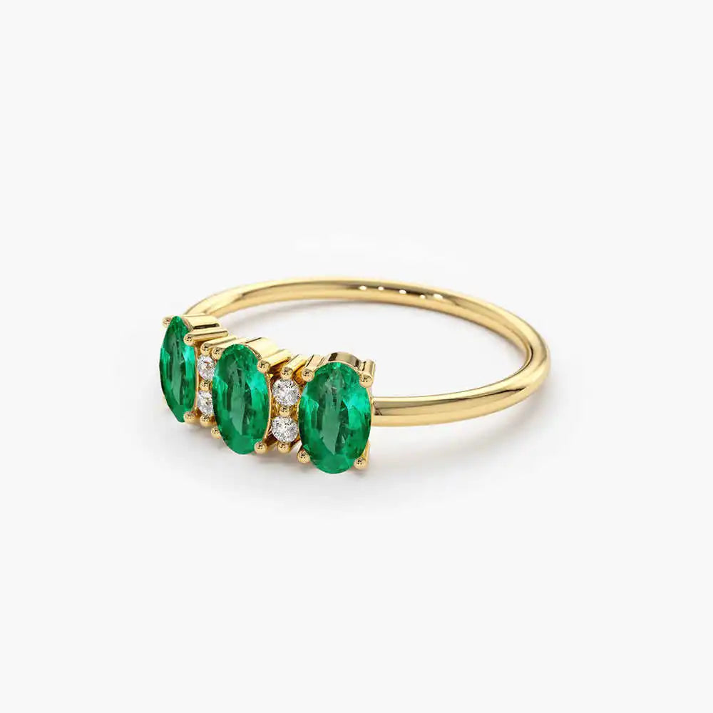 Oval Cut Triple Natural Emerald Stone & Round Cut Diamond Ring 14k Pure Gold Beautiful Engagement Wedding Rings Fine Jewelry RTS
