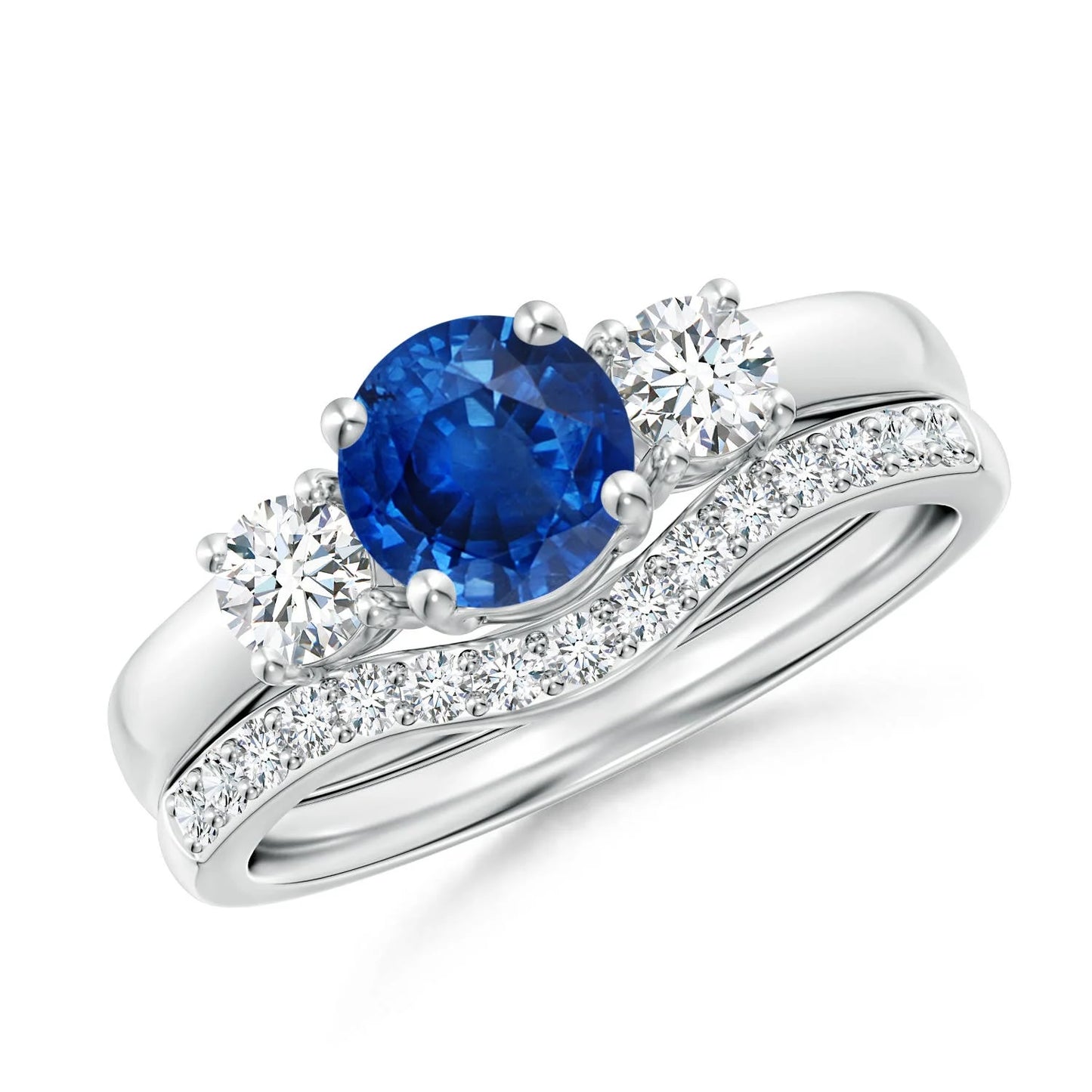 14K Solid Gold Natural Blue Sapphire & Diamond Three Stone Ring With Pave Set Diamond Band Bridal Set Fine Jewelry Wedding Ring