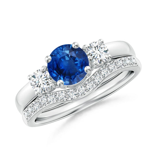 14K Solid Gold Natural Blue Sapphire & Diamond Three Stone Ring With Pave Set Diamond Band Bridal Set Fine Jewelry Wedding Ring