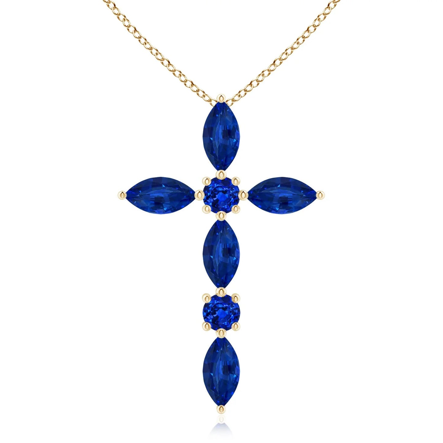14K 18K Gold Marquise & Round Brilliant Cut 0.78 Ctw Natural Blue Sapphire Gemstone Cross Pendant Handmade Luxury Unisex Pendant