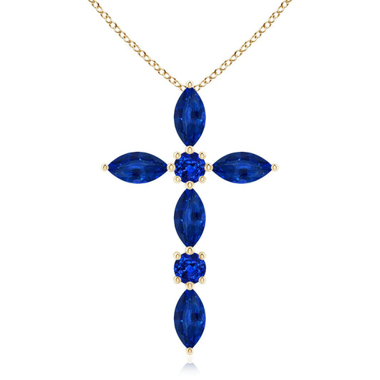 14K 18K Gold Marquise & Round Brilliant Cut 0.78 Ctw Natural Blue Sapphire Gemstone Cross Pendant Handmade Luxury Unisex Pendant