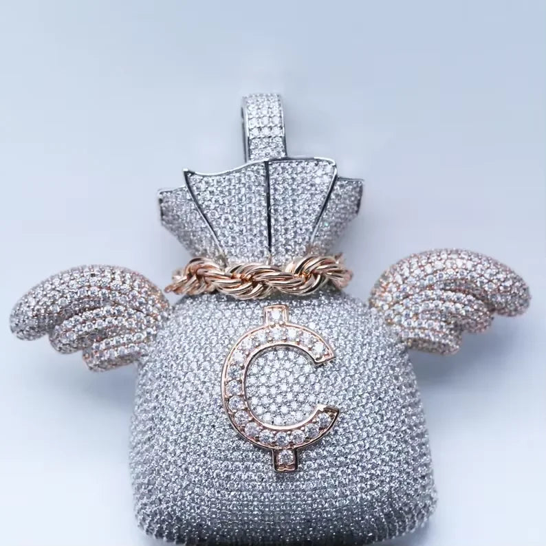 BiG-BOSS Iced Out Moissanite Money Bag Wing Pendant Silver and Rose Gold Tone Hip Hop Jewelry for Men and Women Party