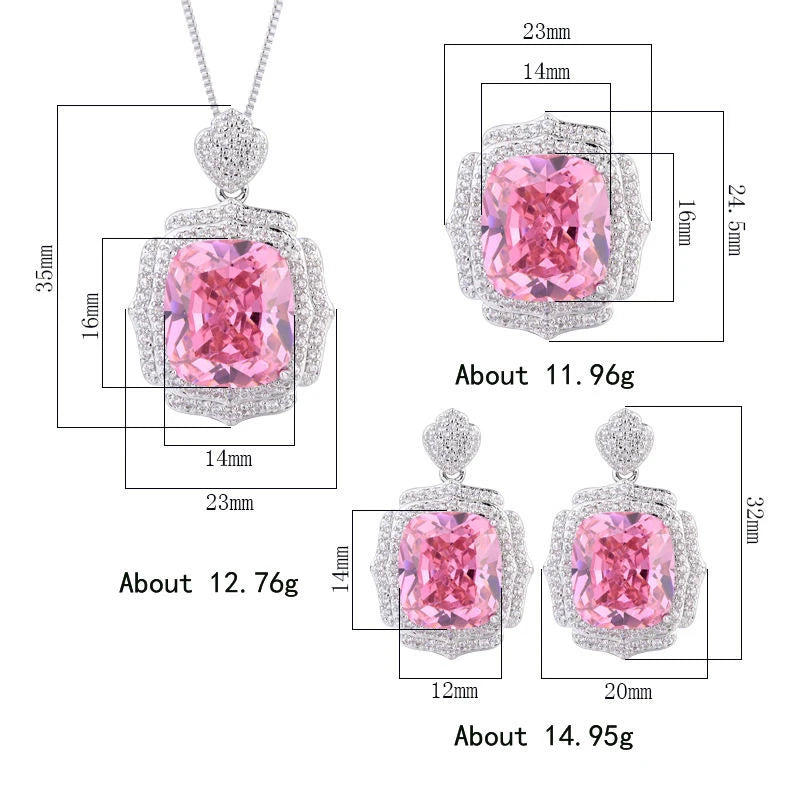 Gemfiori New Luxury Rectangle Cut Simulated Emerald Jewelry Set Platinum Plated Zircon Pendant Necklace Ring Drop Earring Wedding Jewelry