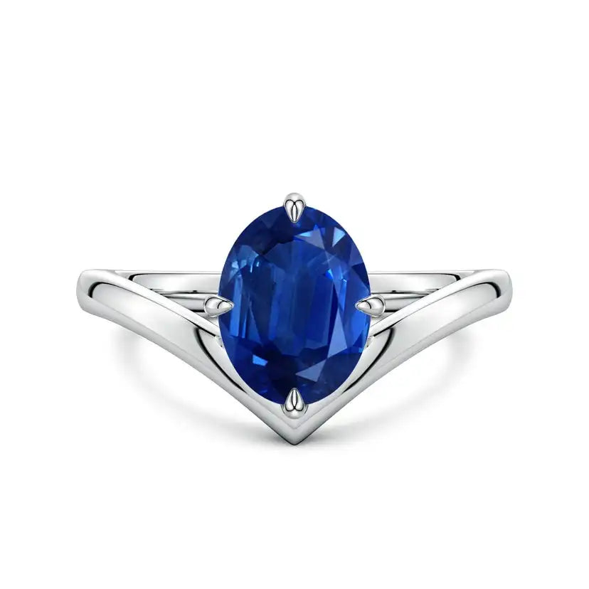 14K Solid Gold Solitaire Oval Blue Sapphire V-Shaped Engagement Ring Handmade Customized Fine Jewelry Wedding