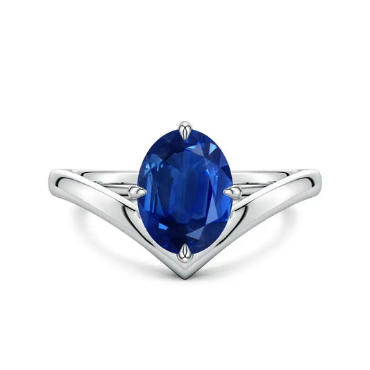 14K Solid Gold Solitaire Oval Blue Sapphire V-Shaped Engagement Ring Handmade Customized Fine Jewelry Wedding