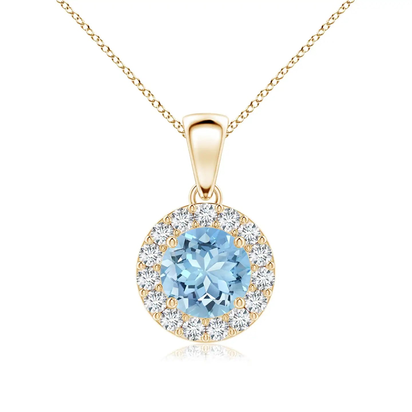 Natural 6MM 0.75Ctw Round Brilliant Cut Aquamarine With Halo Diamond Pendant Necklace IGI Certified Gemstone & Diamond Pendant