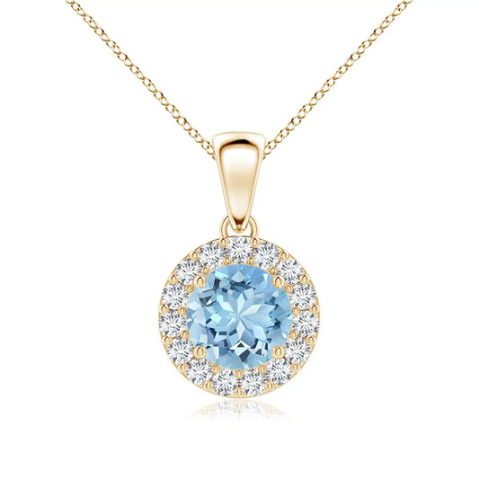 Natural 6MM 0.75Ctw Round Brilliant Cut Aquamarine With Halo Diamond Pendant Necklace IGI Certified Gemstone & Diamond Pendant
