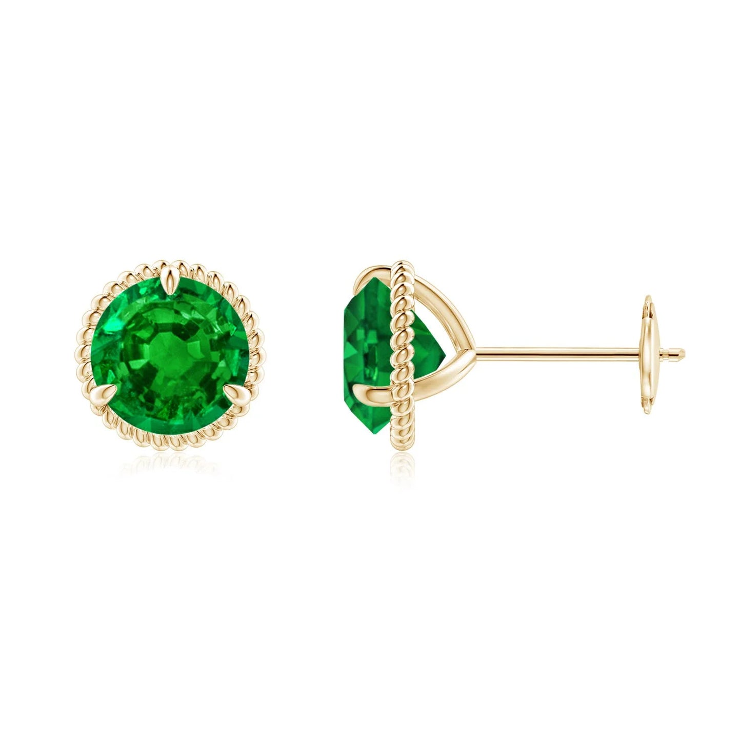 14K Yellow Gold Round Cut Emerald Stud Earrings Vintage Milgrain Halo Basket Setting Fine Jewelry for Women Gift for Her