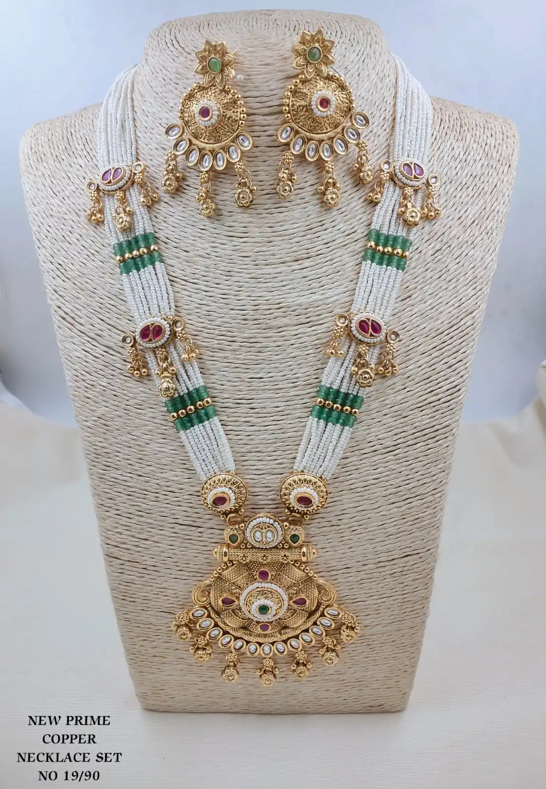 Premium Matt Gold Kundan Long Necklace Set with Earrings Traditional Temple Jewelry Pearl Beaded Pendant Necklace Indian Bridal