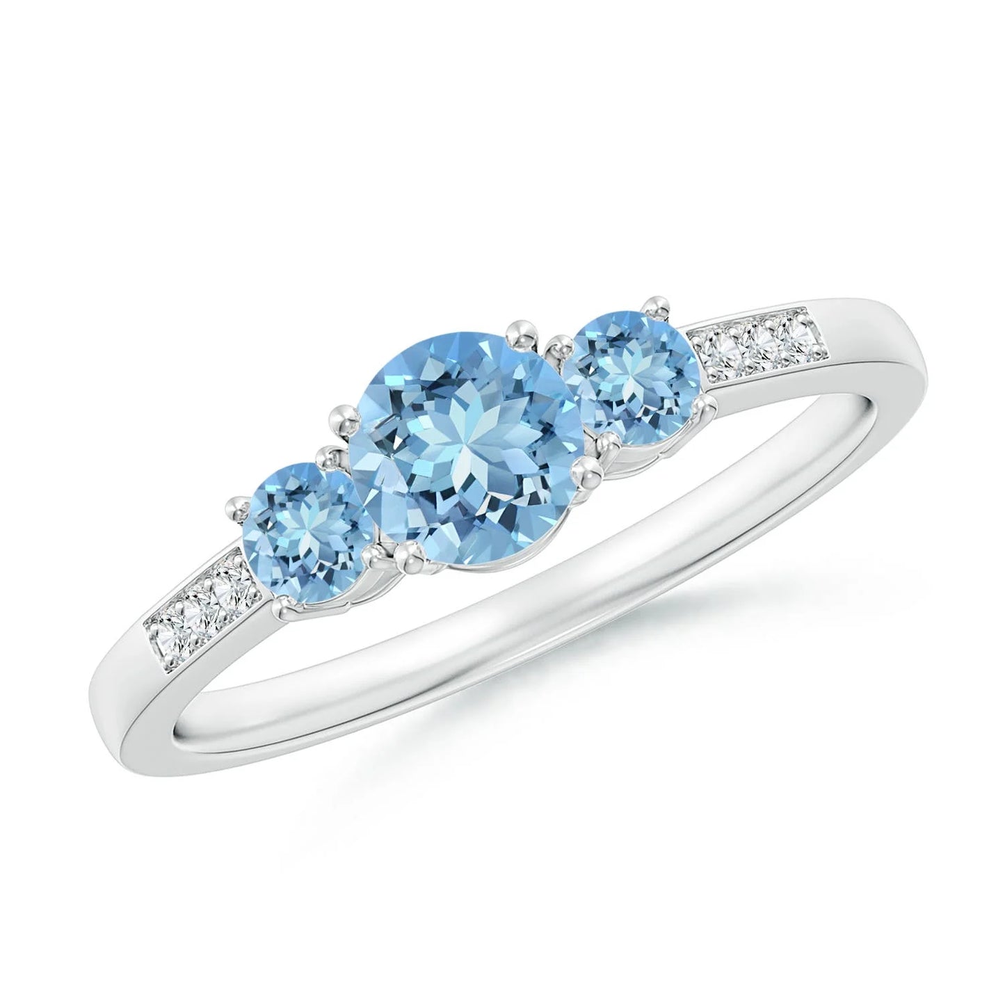 14K Gold Natural Round Brilliant Cut Aquamarine Three Gemstone Ring with Accent Diamond Band Top Selling Wedding Trilogy Ring