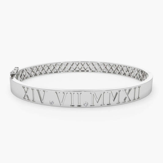 Luxury 14K Solid Gold Roman Numeral Bangle Bracelet Fine Jewelry 0.03 CTW 2 Diamond Female Charm Bangle Bracelets Ready To Ship