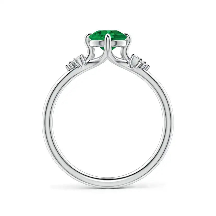 14K Solid Gold Round Emerald Engagement Ring with Mixed Cut Diamonds Handmade Customized Fine Jewelry Wedding