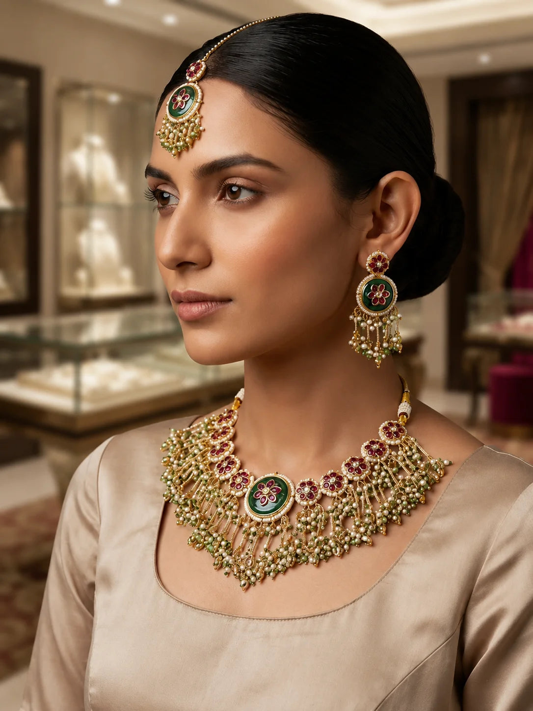 Luxury Traditional Kundan Pearl Necklace Set for Women Green Floral Bridal Wedding Party Ethnic Jewellery with Earrings Set