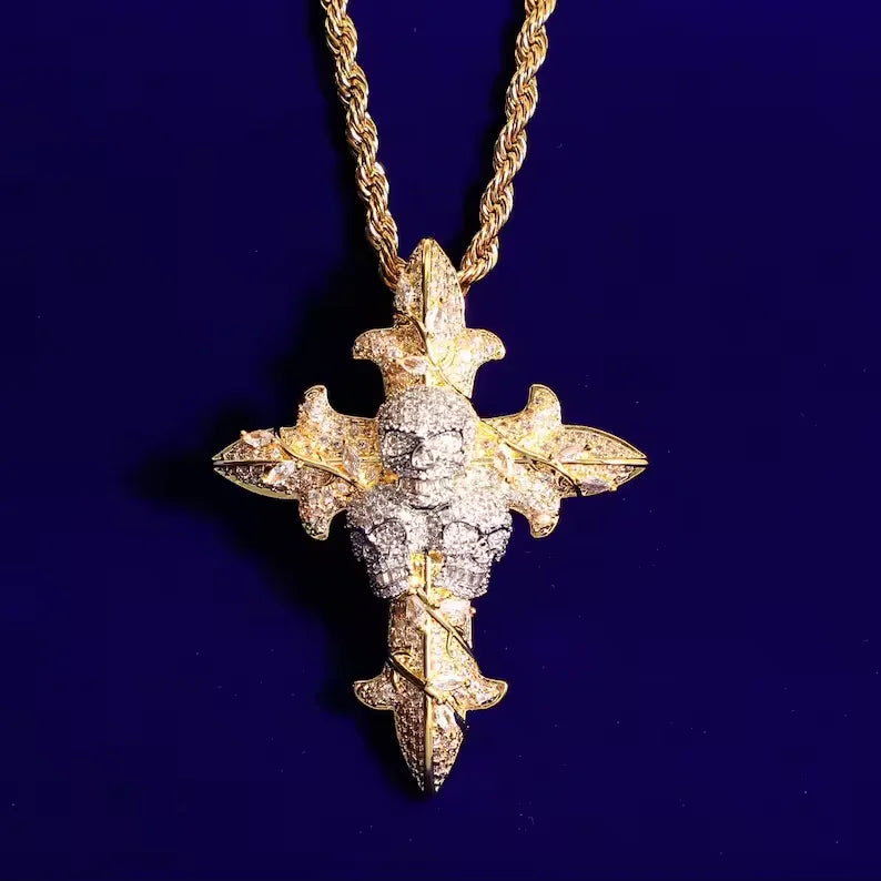 BiG-BOSS Iced Out Cross Skull Pendant Silver Plated Channel Set Moissanite Luxury Gothic Hip Hop Style Party Jewelry for Men