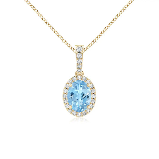 Vintage Style Oval Cut Natural Aquamarine Gemstone With Halo Diamond Pendant High Quality 14K Gold Handmade Fine Jewelry Pendant