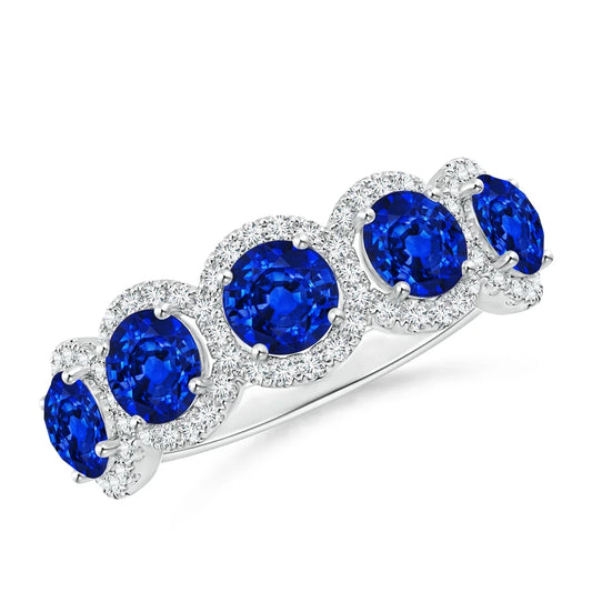 2026 New Arrival 14K Solid Gold Five-Stone Natural Blue Sapphire & Diamond Half Eternity Halo Ring Top Quality Wedding Ring RTS