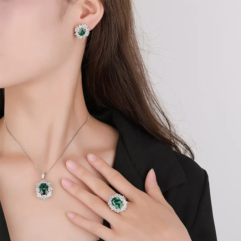 Gemfiori Luxury Women Flower Gemstone Jewelry Set Necklace Ring Earring Fashion High Quality CZ Synthetic Emerald Woman Wedding Jewellery