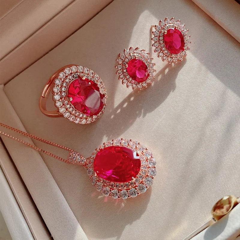 Gemfiori Luxury Brass Gold Plated Bridal Jewelry Wedding Vintage Full Zircon Oval Red Lab Diamond Necklace Drop Earrings Ring Jewelry Set
