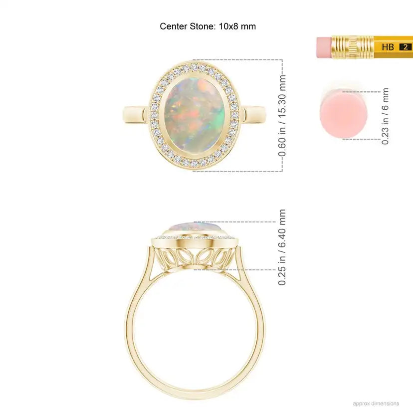 14K Solid Gold 14K Solid Gold Bezel-Set Oval London Opal  Ring with Diamond Halo Handmade Customized Fine Jewelry Wedding