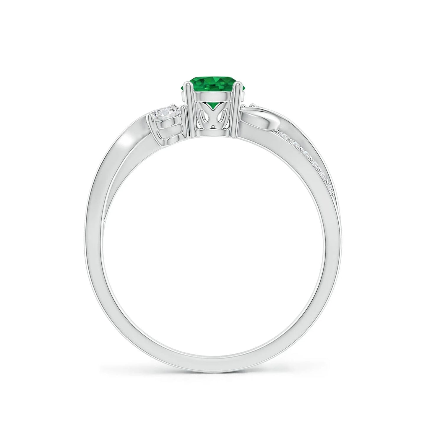 14K Solid Gold Round Brilliant Cut Natural Green Emerald Engagement Ring with Pave Setting Twisted Diamond Band Solitaire Ring