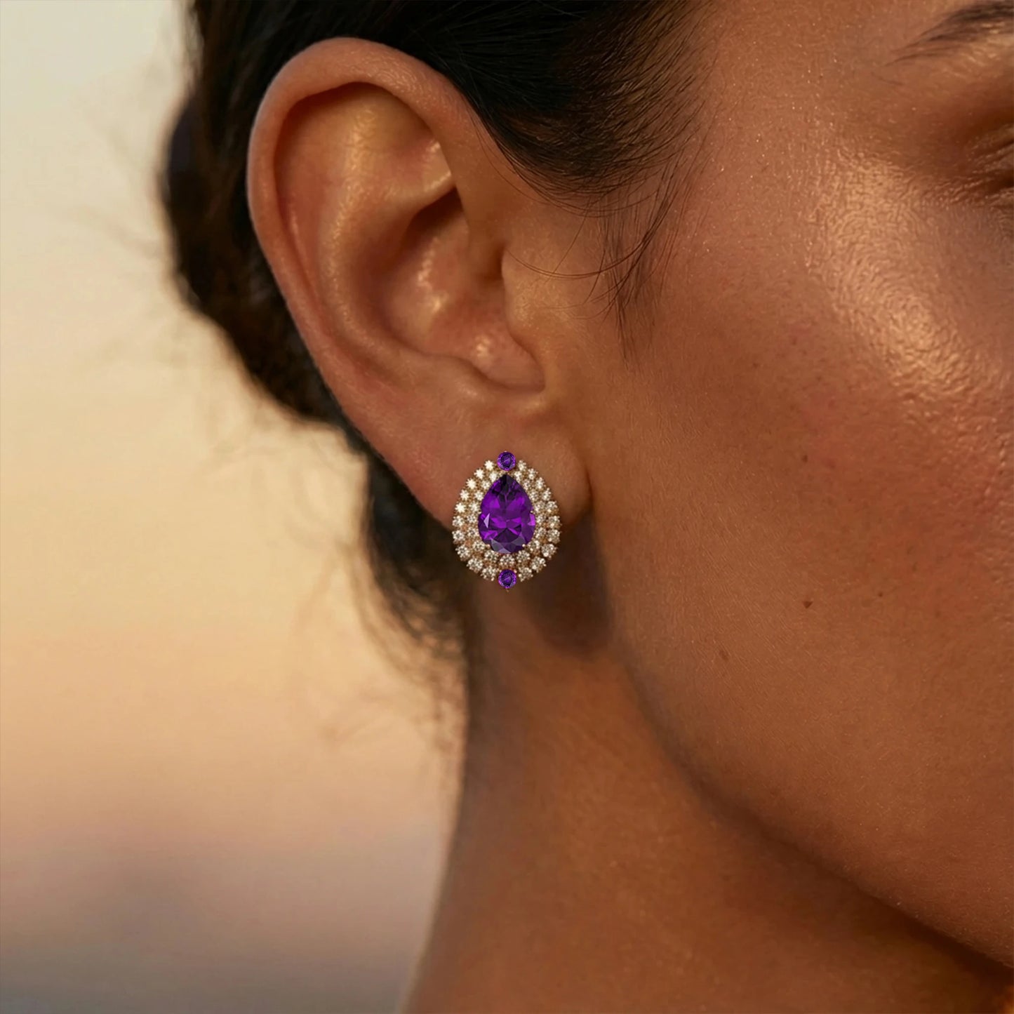 Solid 18k Gold Natural Amethyst Gemstone Diamond Cute Rhodium Plated Luxurious Design Women's Trendy Halo Ear studs For Women